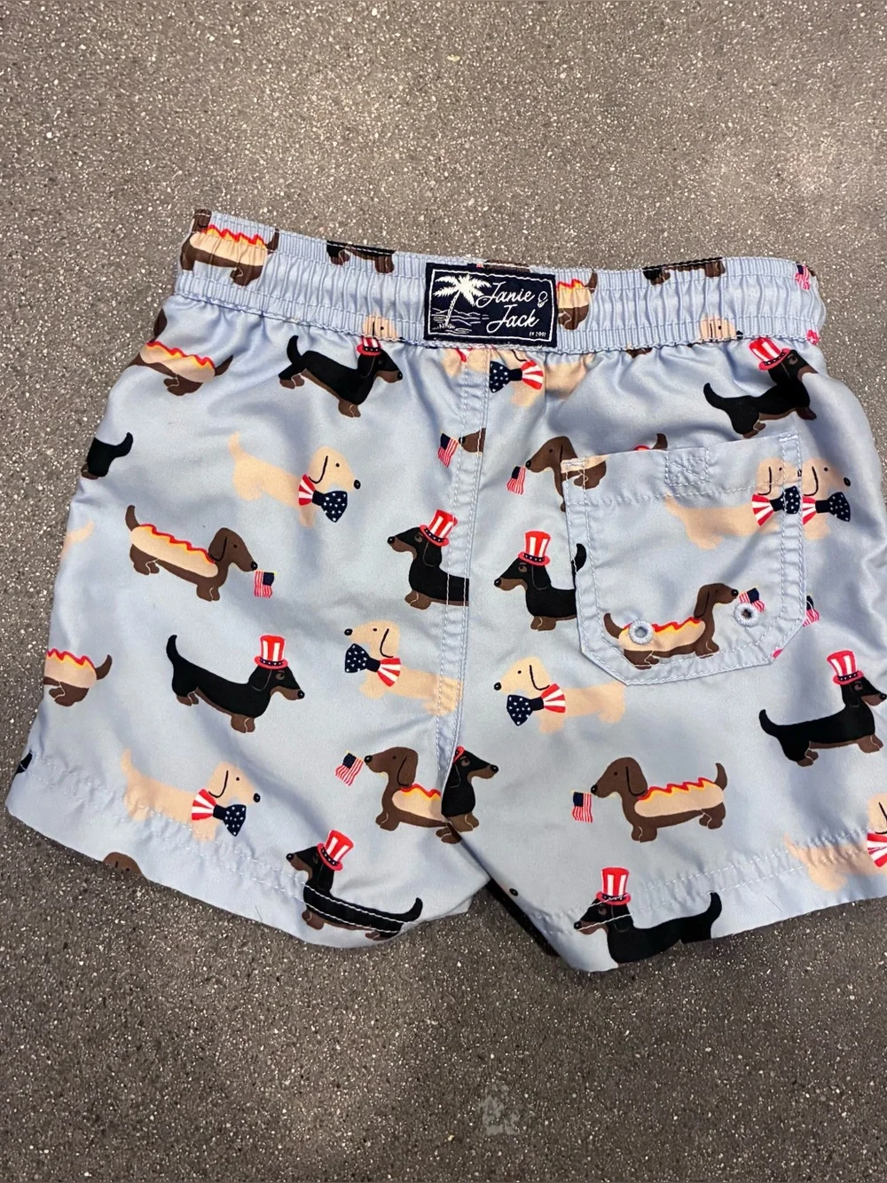 Janie and Jack Recycled Hot Dog Dachshund Swim Trunks‎ 18-24 Months patriotic